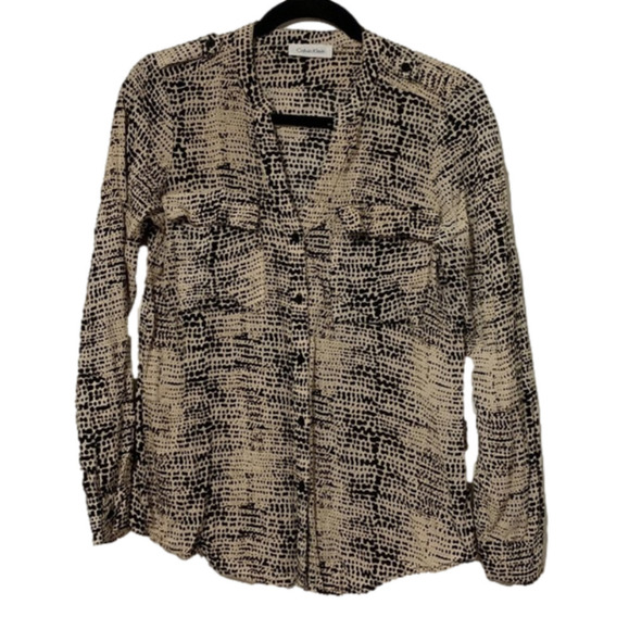 Calvin Klein cream with brown animal-print style button-down blouse - Picture 1 of 12